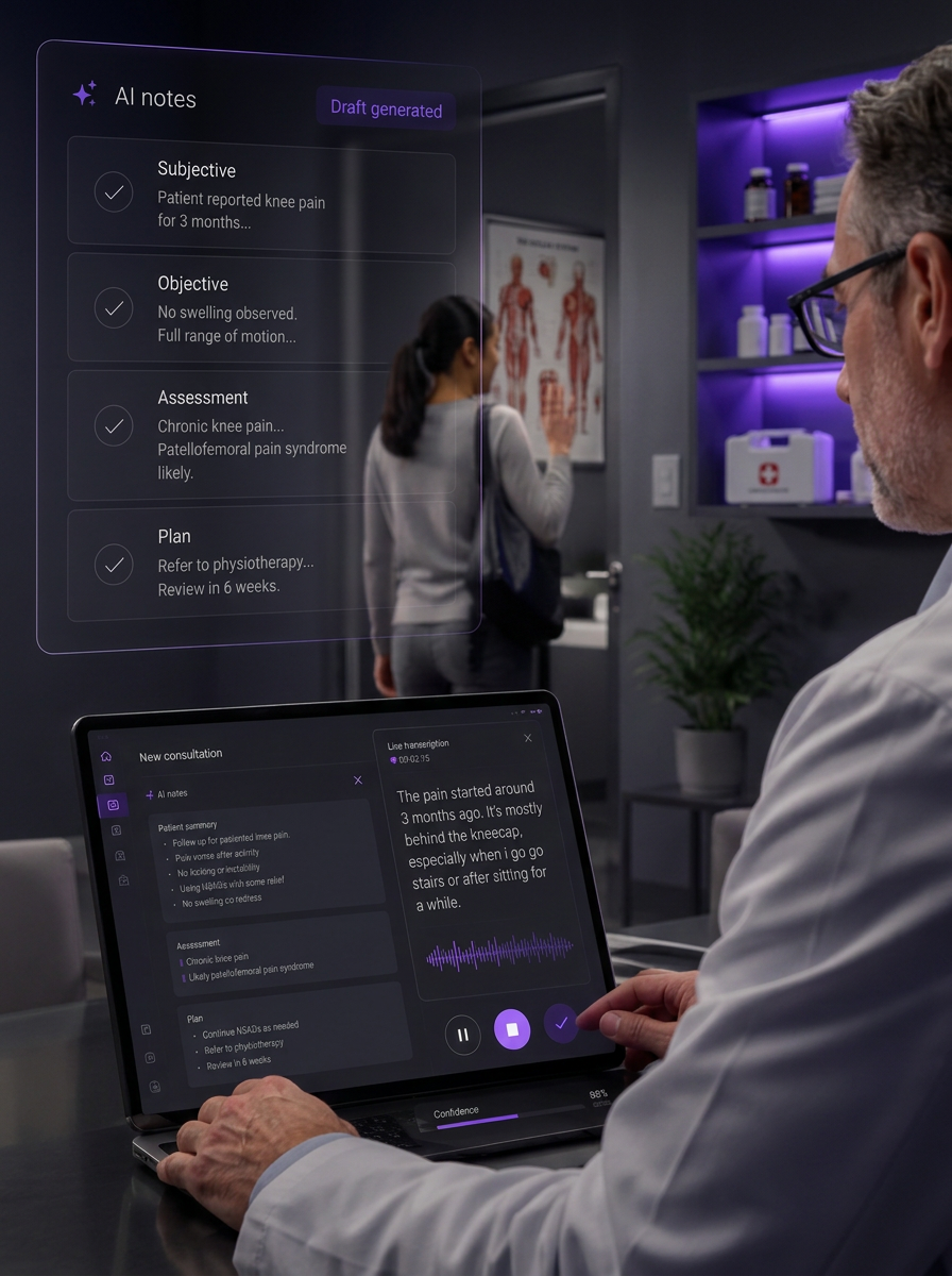 Doctor consulting with patient while AI live-transcribes notes on a tablet, with a holographic AI notes panel drafting SOAP documentation