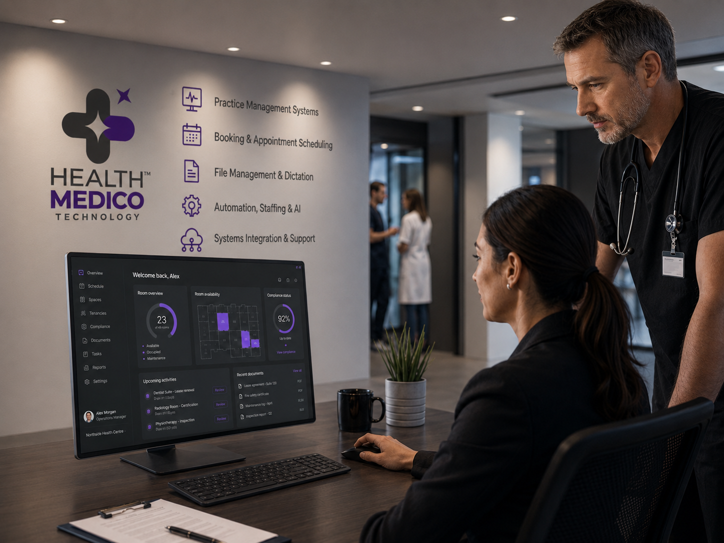 Tenant adviser and specialist doctor reviewing floor plans in a modern Health MediCo™ Technology office