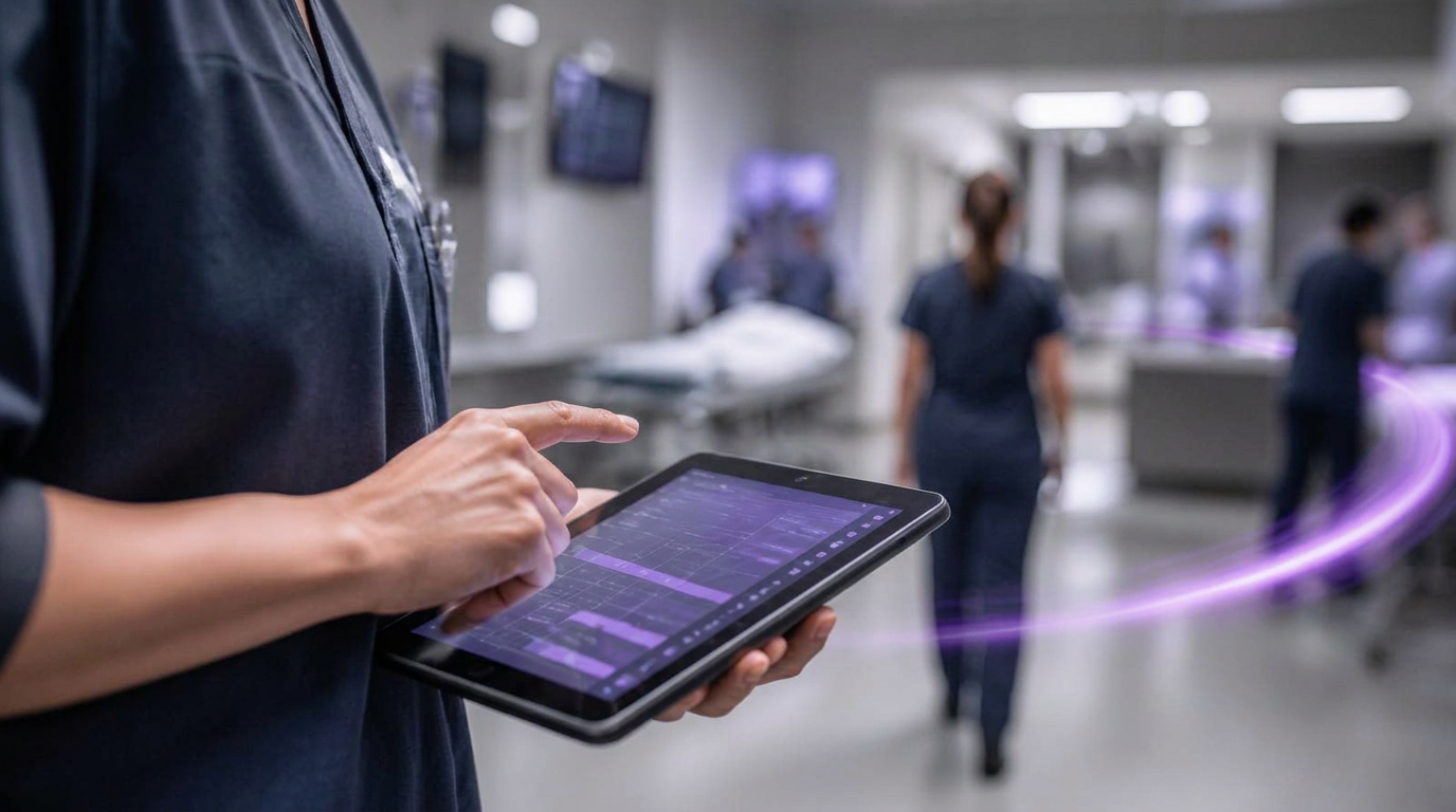Clinician using a tablet in a dim medical setting with a glowing purple AI light trail sweeping toward the screen