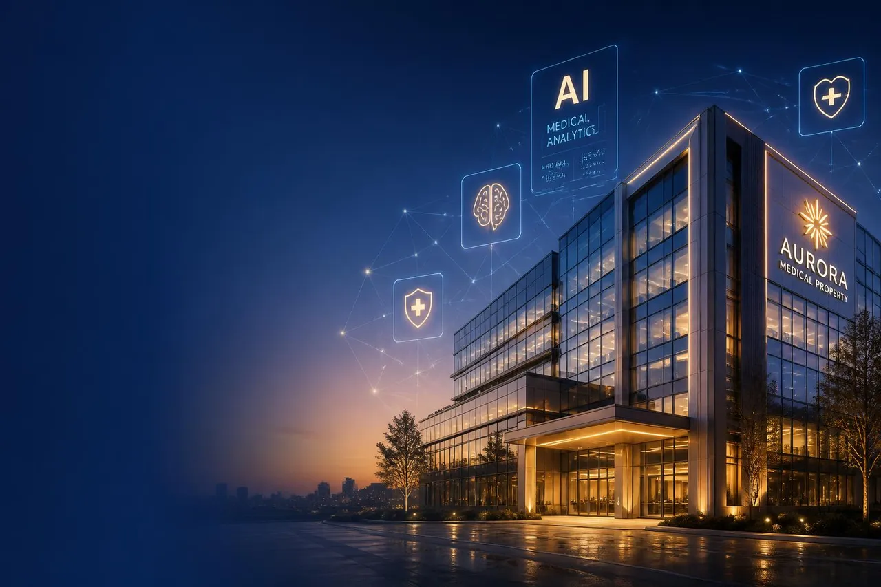 Smart medical technology building at dusk with illuminated glass facade and floating AI analytics icons